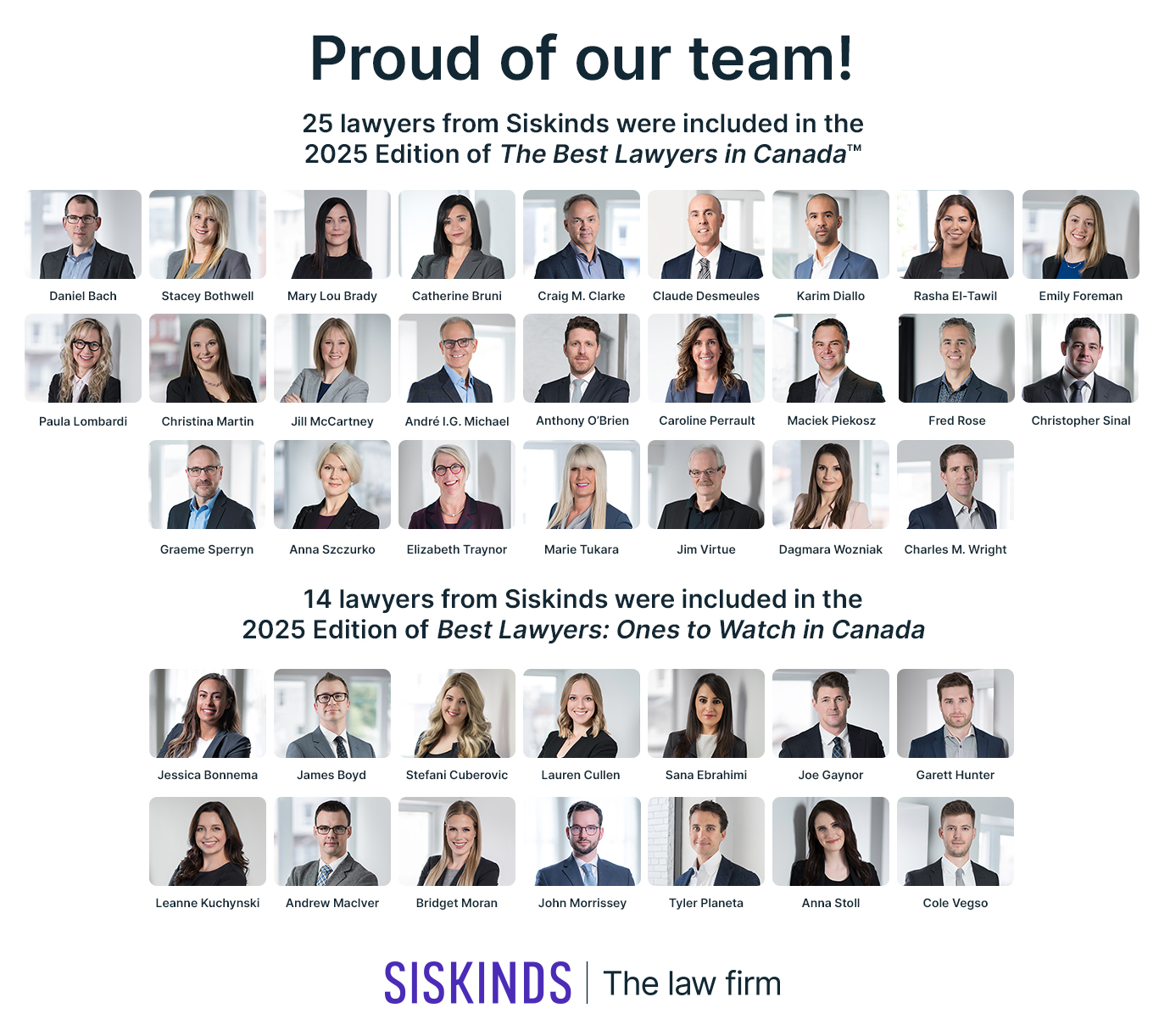 Portrait photos of Siskinds LLP lawyers recognized in the 2025 Edition of The Best Lawyers in Canada™ and Best Lawyers: Ones to Watch in Canada.